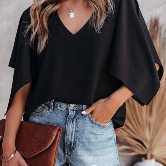 ONLY 1 LEFT! SLIT SLEEVE V NECKLINE BLOUSE - WHITE - Picture 4 of 7